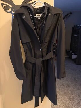 DKNY Black Hooded Trench Coat with Waist Tie
